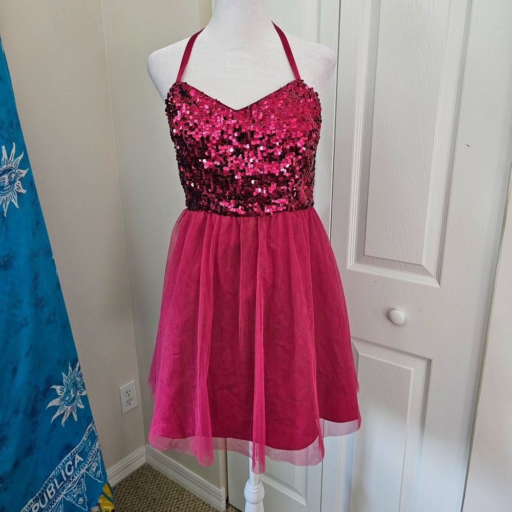 Hailey Logan Adrianna Papell Pink Sequin Tulle Halter Homecoming Party Dress 7/8